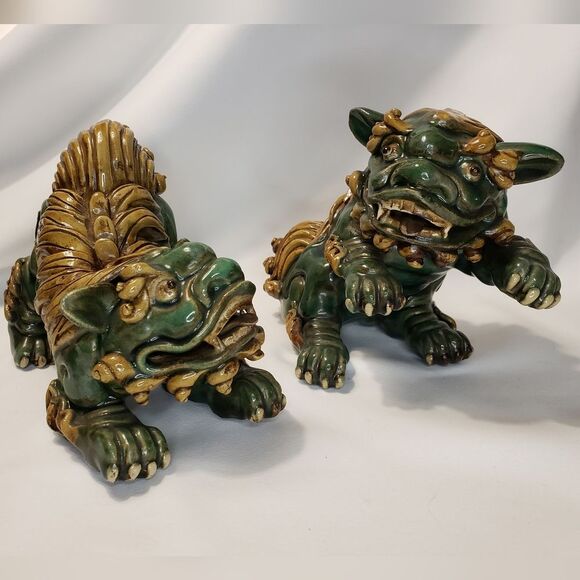 Chinese Foo Dogs, Pair, Green and brown, Unique, Rare - Picture 5 of 12